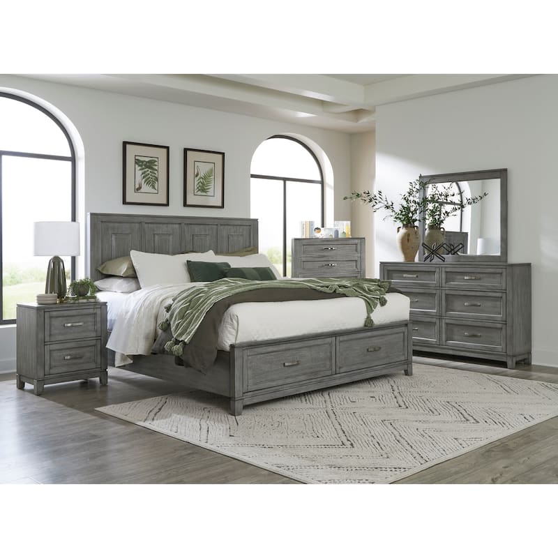 Gray Finish Storage Bedroom Sets Platform Bed Nightstand Dresser Mirror Chest Transitional Furniture - California King - 5 Piece