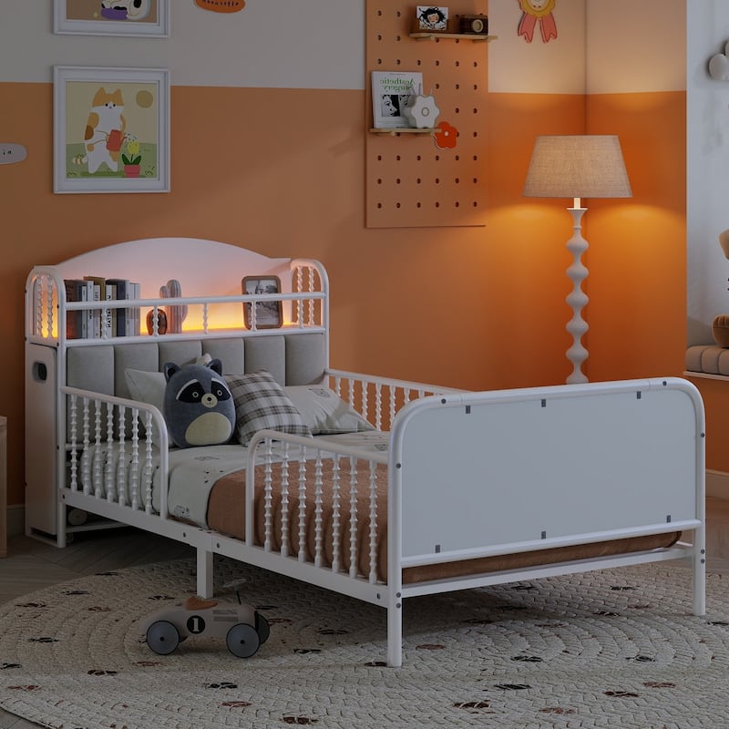 Kids Platform Bed Metal Frame with Linen Fabric Upholstered Storage Headboard Built-in Light Strip, Both Sides Rails