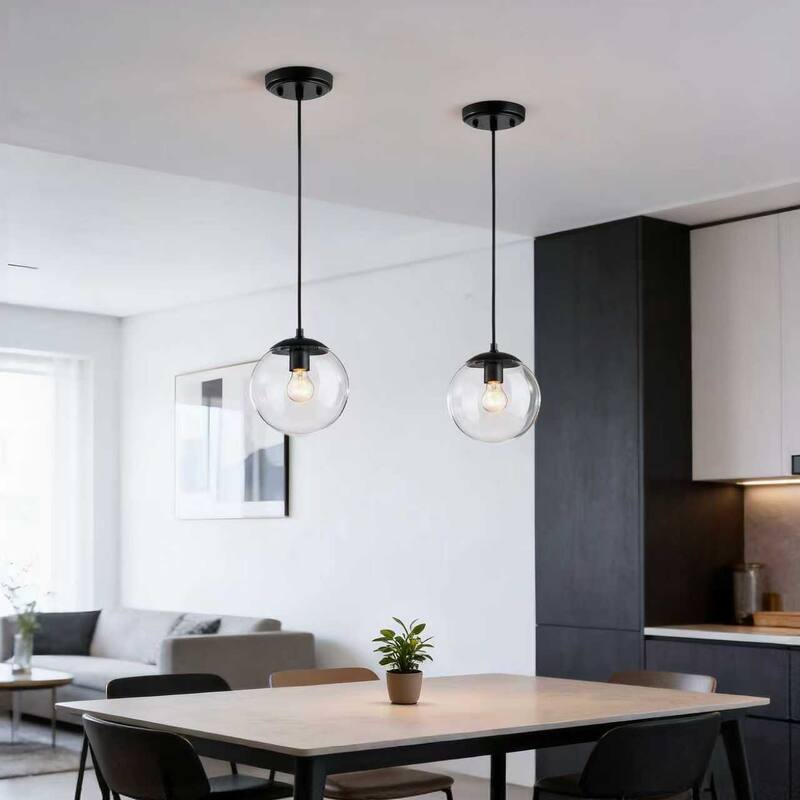 7.75 in. 1-Light Matte Black/Brushed Nickel Pendant Light with Clear Globe Glass Shade