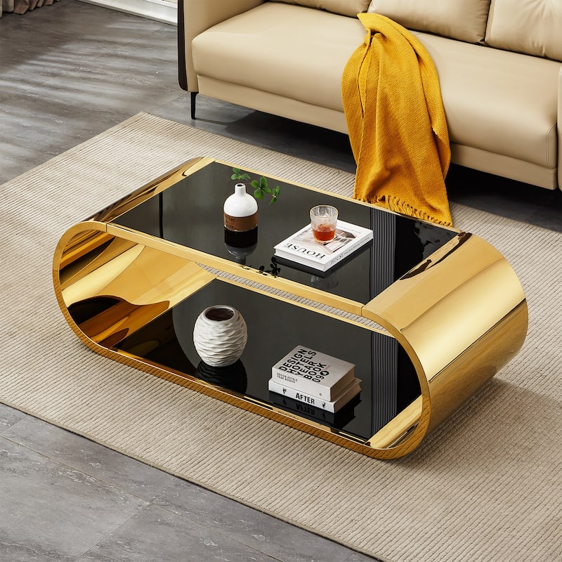 Modern Oval 2-Tier Coffee Table End Table with Gold Stainless Steel Frame, Accent Table Dining Table with Tempered Glass