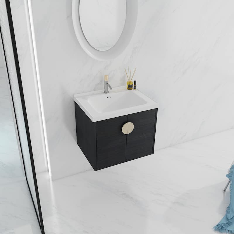 24-Inch Soft-Close Bathroom Vanity with Ceramic Sink, Ample Storage, Wall-Mounted Design for Compact Bathrooms