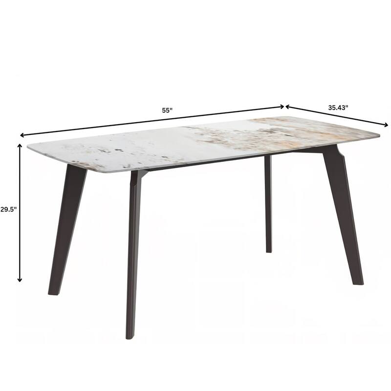 Krevor Modern Dining Table with Rectangular Sintered Stone or Glass Wide Tabletop and Black Steel Base
