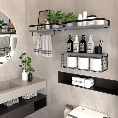 Floating Shelves with Storage Basket,Over Toilet Paper Holder Storage Shelves,Set of 3