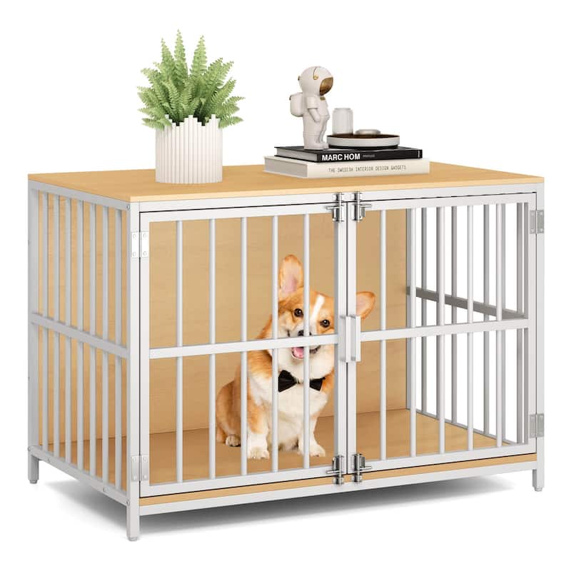 Costway 40” Heavy-duty Dog Crate Furniture with 2 Lockable Doors for - See Details - Natural
