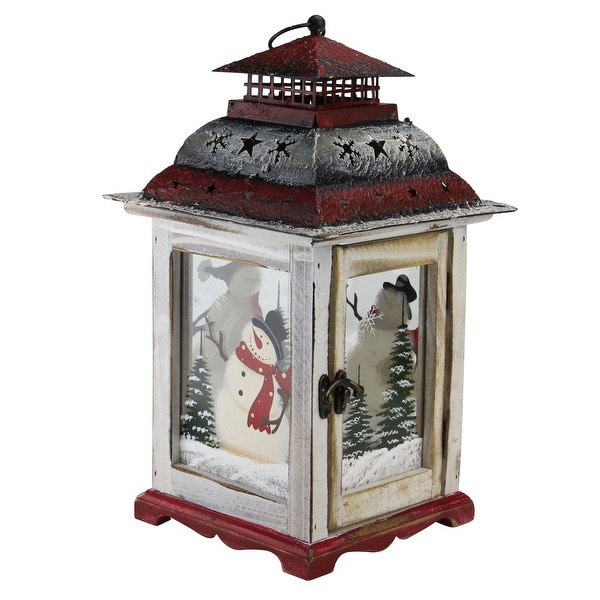 14.5" Snowman Holiday Scene Christmas Pillar Candle Lantern