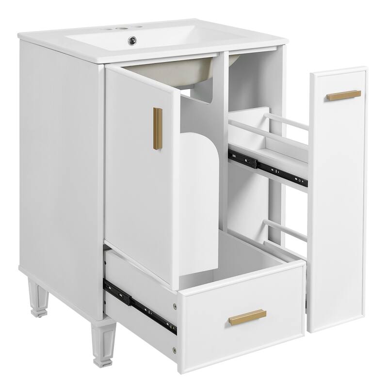24" Bathroom Vanity with Ceramic Sink, Door Shelf and Drawer, 2-Tier Pull-Out Basket, Solid Wood Frame Bathroom Cabinet