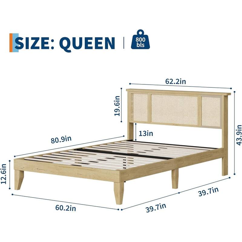 Boho-Style Platform Bed Frame with Natural Rattan Headboard, No Box Spring Required