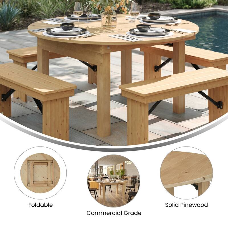 60" Round Antique Rustic Solid Pine Folding Farm Dining Table - 59.75"W x 59.75"D x 30"H