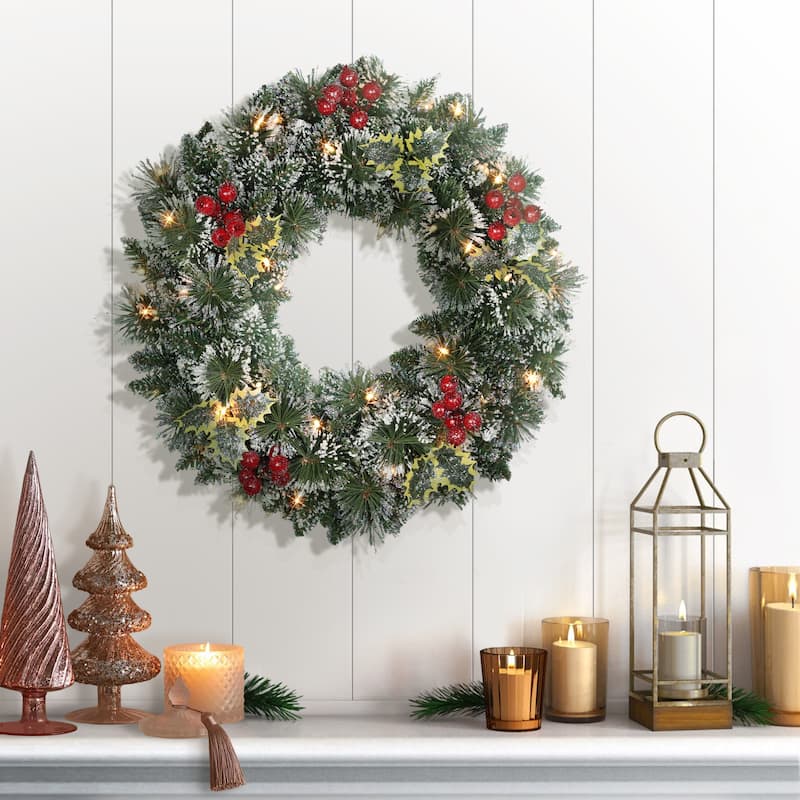 Puleo International 24" Pre-Lit Snowy Silverton Pine Wreath - Green