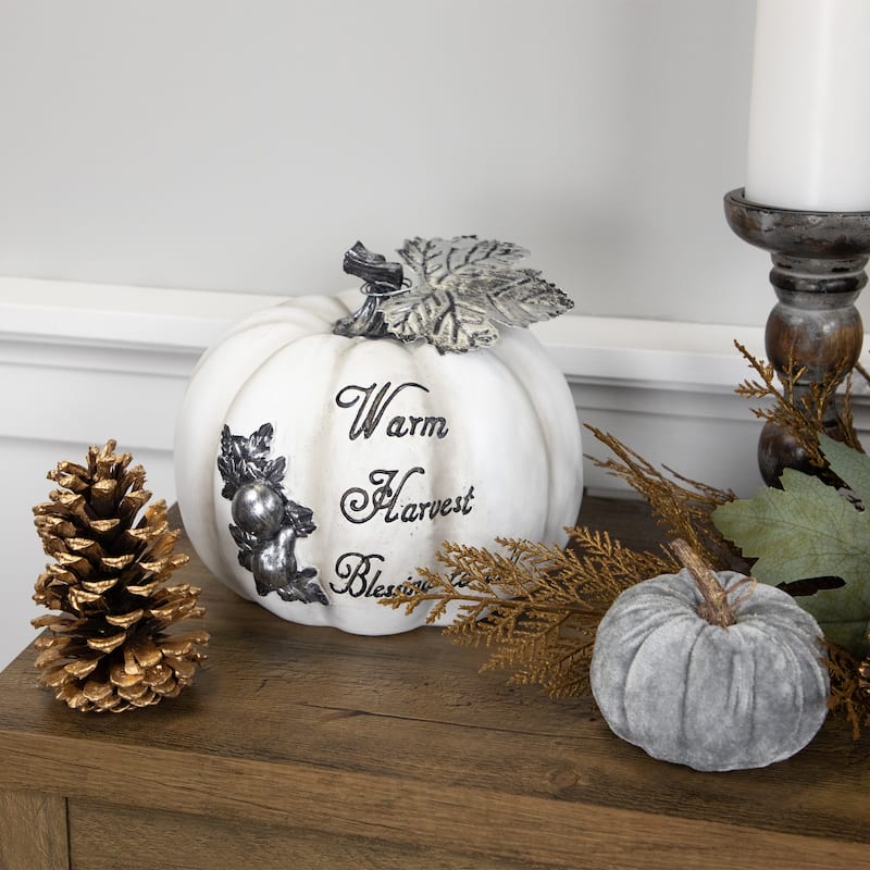 8" White Black "Warm Harvest Blessing" Pumpkin Fall Harvest Decoration