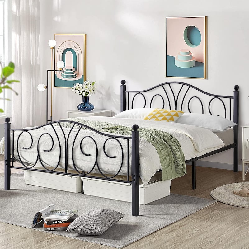 VECELO Platform Bed Frame with Scroll Headboard, Twin/Full/Queen Size Beds