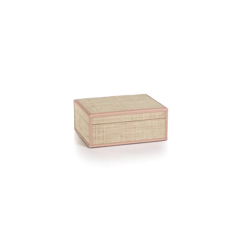 Reggio Natural Fiber Raffia Decorative Box - Small - Pink Leather Trim