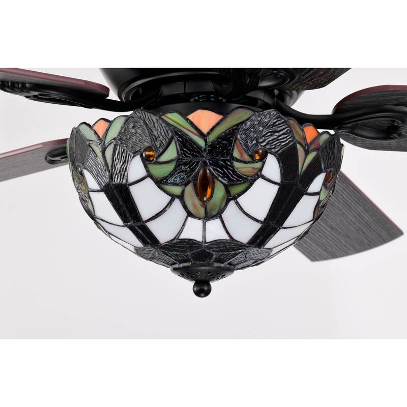 Apgrie 52-Inch Flushmount Lighted Ceiling Fan Warm Tones Tiffany Glass Lamp Black Finish