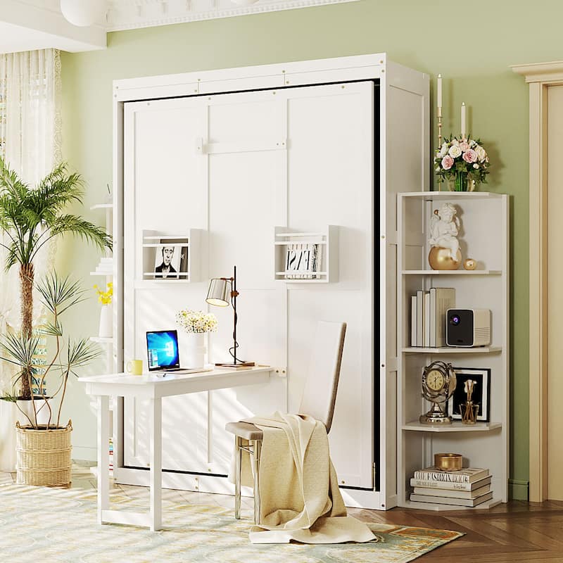 Rotating Murphy Bed Wall Bed Queen Size with Convertible Desk Side Shelves