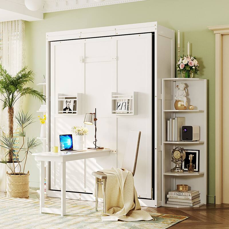 Rotating Queen Size Murphy Bed Foldable Bed Frame with Hidden Wall Cabinet, Side Shelves, Convertible Desk and Bookshelves - White - Queen