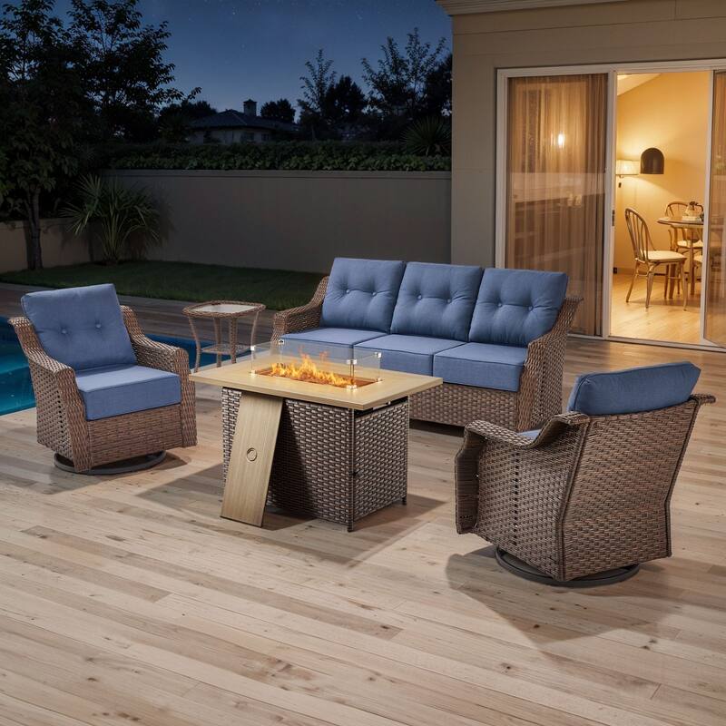 Artisan Brown Wicker Patio Fire Pit Conversation Set with 3-Seat Sofa & Swivel Gliders