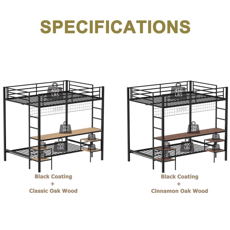 Full Over Twin Bunk Bed with Desk and Charging Station and Shelves and Metal Wire Mesh Panel with Hooks,Safety Guard & Stairs
