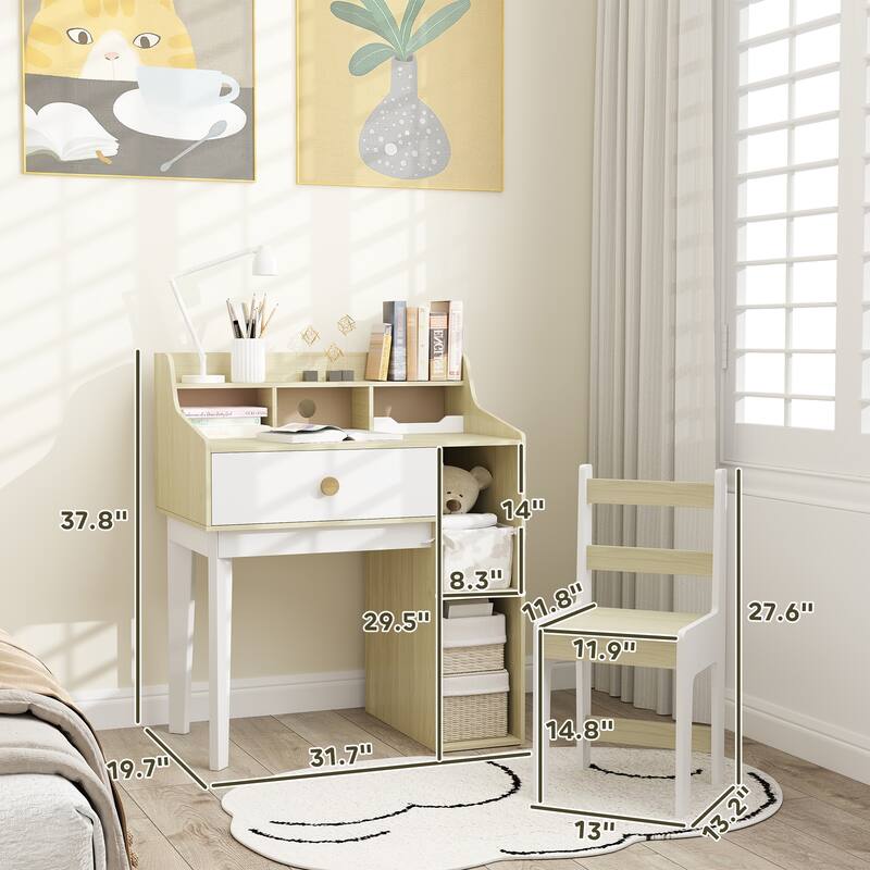 White and Natural Wood Kids Desk and Chair Set with Storage Drawer and Shelves MDF Study Table - 31.7" L × 19.7" W × 37.8" H