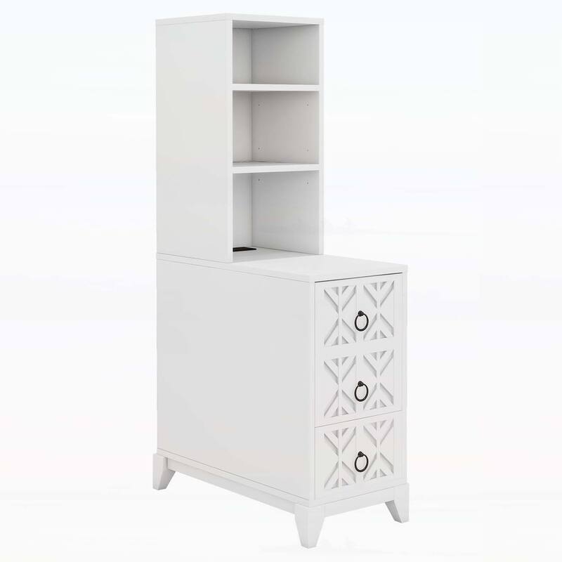 Tall Side Table with 3 Drawers,2 Open Shelves,and Charging Station,for Modern Bedrooms and Corners