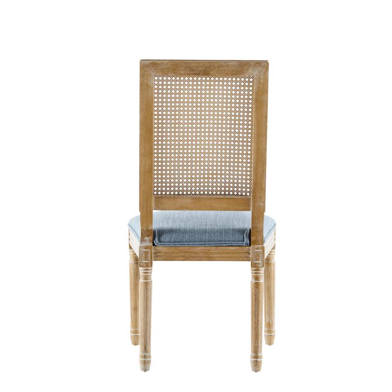 [Set of 2]Dining Chairs -Elegant Cane Backrest & Upholstered Seats with Fluted Legs -Rustic Weathered Finish -Rubberwood Frame