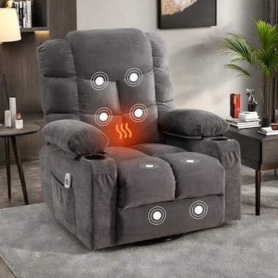 Oversized Linen Manual Rocker Recliner Chair with Massage and Heat, 2 Cup Holders, USB Charge Port