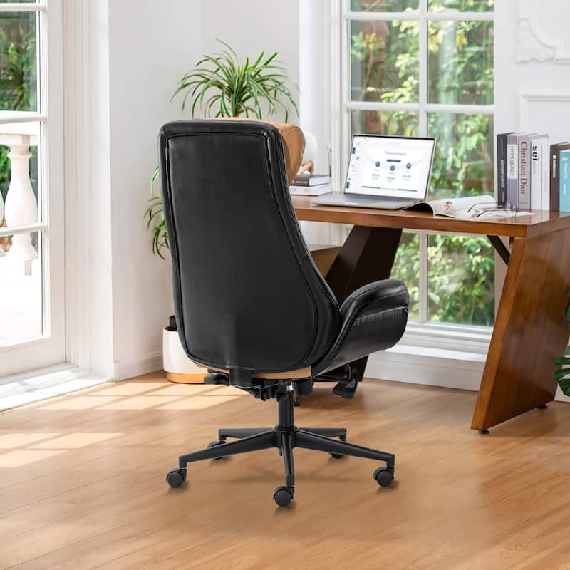Glitzhome Modern Two-tone Faux Leather and Fabric Combination Gaslift Adjustable Swivel High Back Office Chair with Area Rug