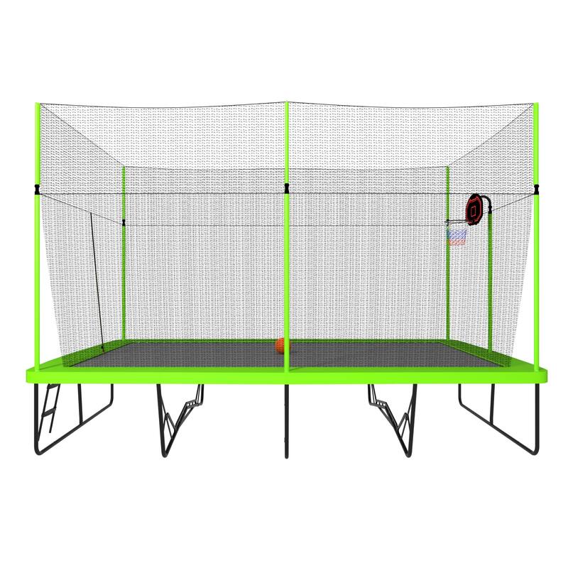 10ft by 17ft Rectangule Trampoline with Green Fabric Black Powder-coated Galvanized Steel Tubes with Basketball Hoop System Adva