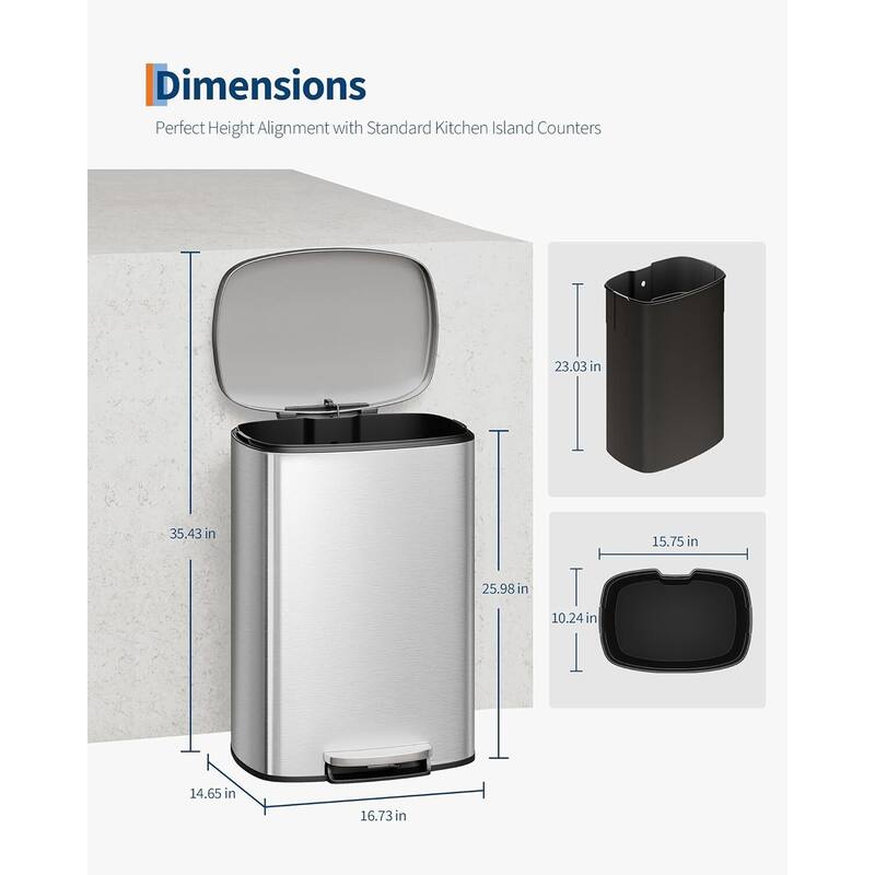 13.2 Gallon and 2.6 Gallon Stainless Steel Trash Can Combo Set with Removable Inner Drum for Kitchen, Bathroom, Office