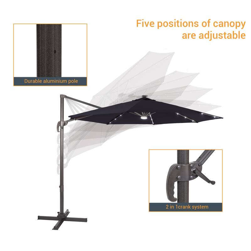 LIVOOSUN 11FT LED Cantilever Patio Umbrella 240g Solution-Dyed Fabric