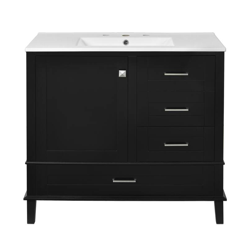 Simple Freestanding Bathroom Vanity Storage Cabinet with 3 Drawers of Different Sizes, Soft Close Door and Metal Handles