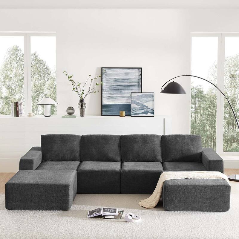 U-Shape Sectional Sofa, Double Extra Wide Chaise Lounge Couch, Luxury Chenille - Dark Grey