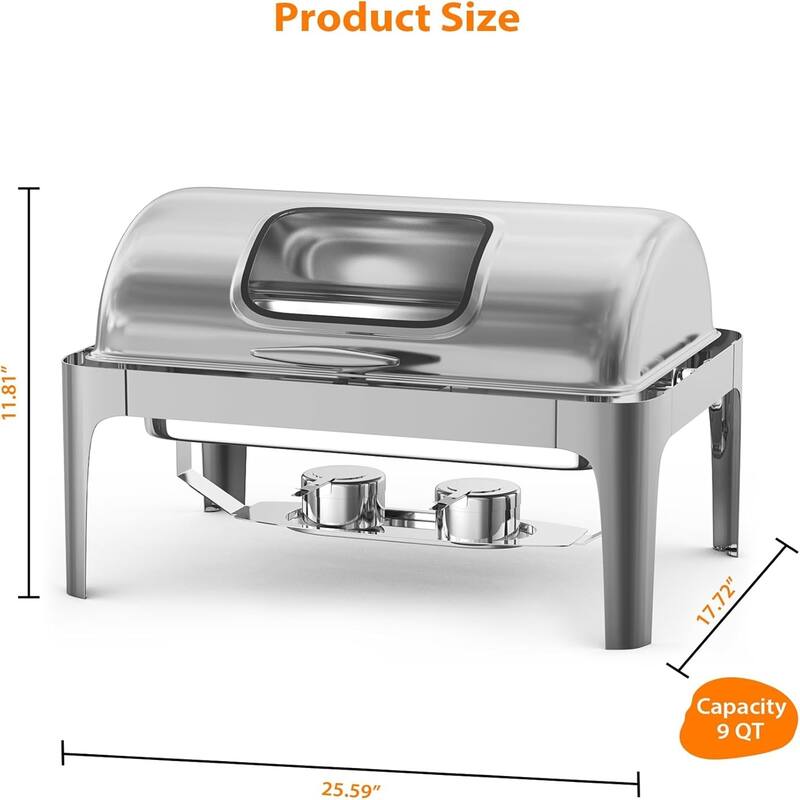 Roll Top Chafing Dish Buffet Set Rectangular 9QT Stainless Steel Catering Food Warmers with Glass Window Full Size Silver - 9L