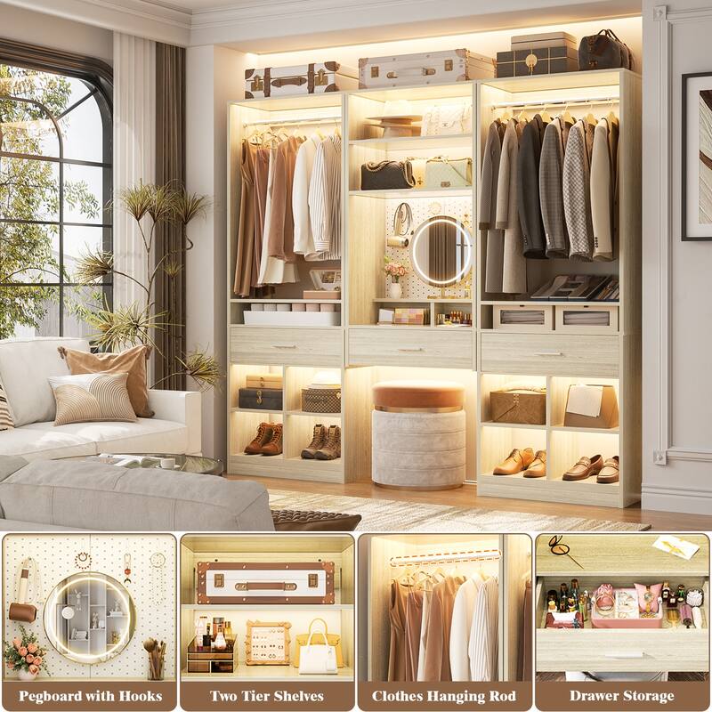 Set of 2 Closet System with Hanging Rod and 11 Open Shelves,Walk-in Closet Organizer with 2 Wooden Drawers and Magnetic Pegboard