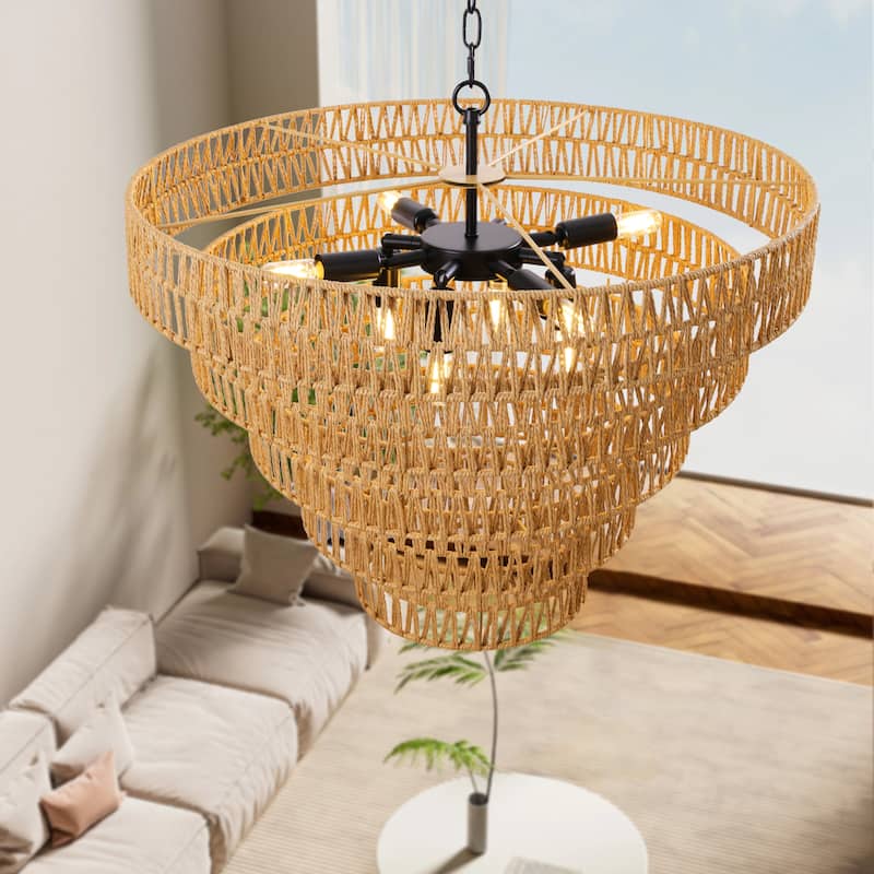 8-Light Dimmable Hand-Woven Rattan Tiered Chandelier