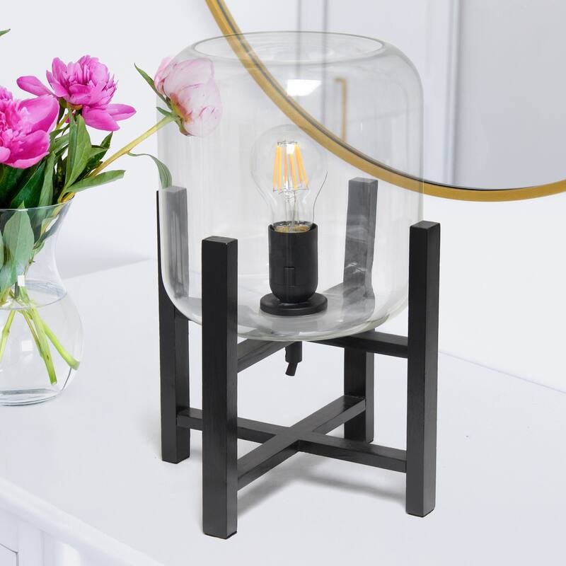 Wooden Table Lamp with Glass Shade - 13.5" - Black and Clear