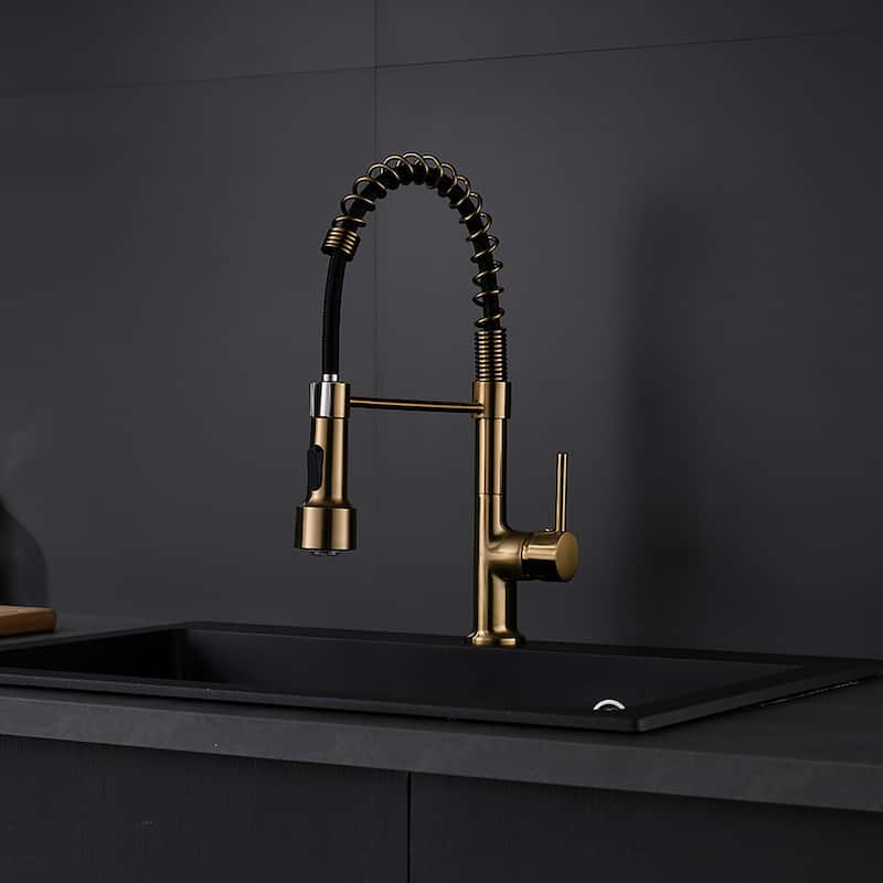 Single Handle Brushed Gold LED Pull-Down Kitchen Sink Faucet