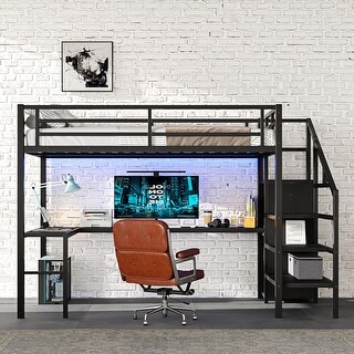 Full /Queen Size Metal Loft Bed with L-shaped Desk,USB,Wardrobe,LED for Bedroom