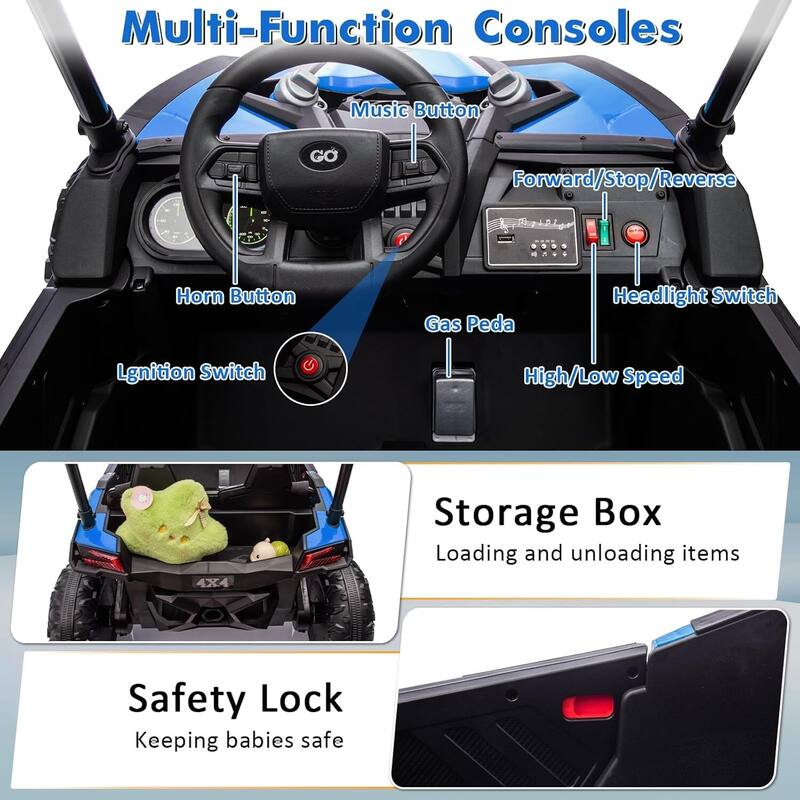 2 Seater Kids Ride on Car Off-Road UTV Toy with Sun Shade, Black