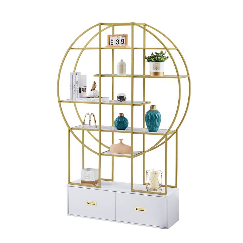 70.8 Inch Round Bookcase Bookshelf,Display Shelf,Two Drawers,Gold Frame