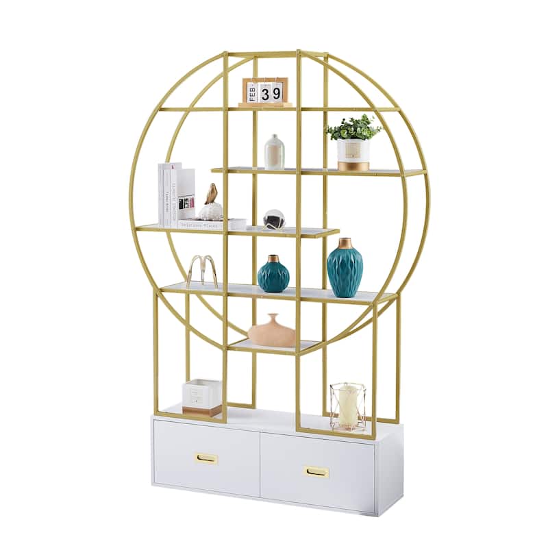 Roomfitters 70.8" Round Bookcase for Office, Bookshelf with Display Shelves and 2 Drawers, Gold Frame, Golden+White