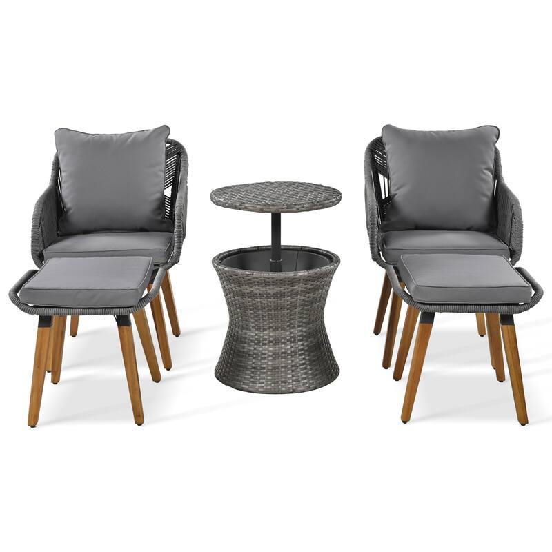 5 Pcs Outdoor Patio Furniture Set, All-Weather Patio Conversation Set with Wicker Cool Bar Table, Single Chairs and Ottomans