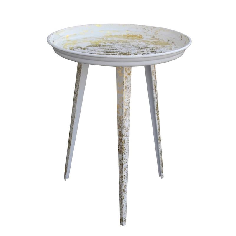 20 Inch Artisanal Industrial Round Tray Top Iron Side End Table, Tripod Base, Distressed White, Gold - 20 H x 16 W x 16 L