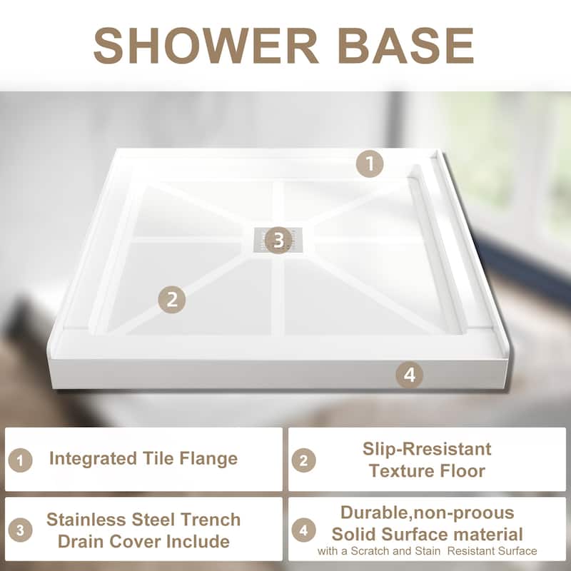 Elegant Square Shower Base Center Drain Anti-slip Single Threshold Shower Pan in White 36" L x 36" W x 4" H with Cover