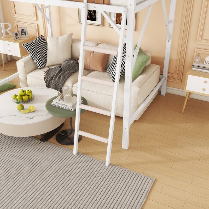 Queen Size Metal Loft Bed with Ladder and Storage Shelves, High Loft Bed Frame for Kids and Teens