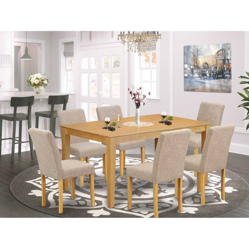 HomeStock 7-Pc Rectangle Natural Oak Finish Solid Wood Top Dining Table with 6 Parson-Chairs