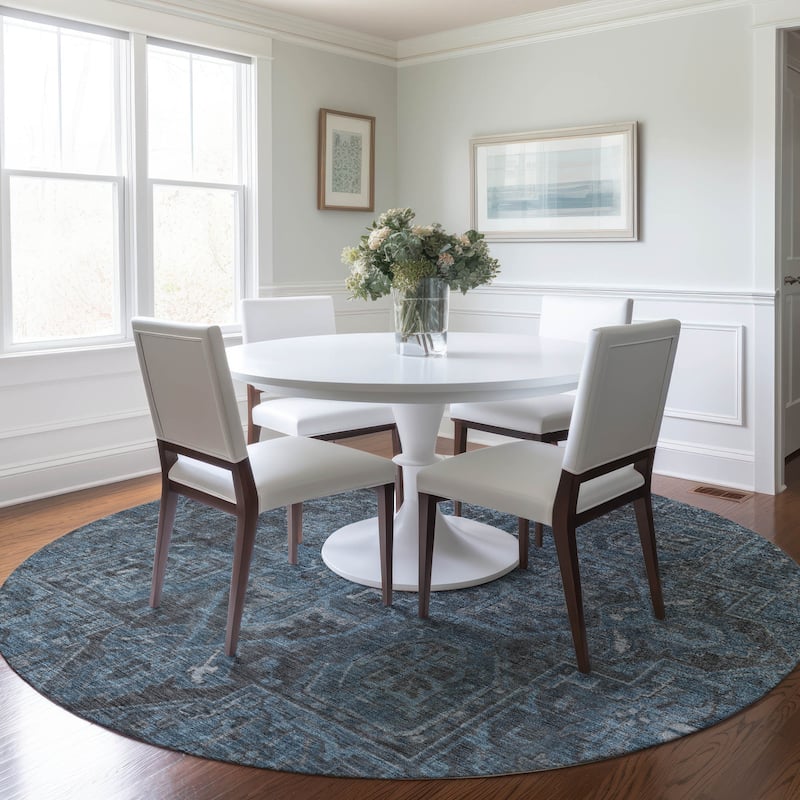 Machine Washable Indoor/ Outdoor Traditional Persian Chantille Rug - Navy - 8' x 8'