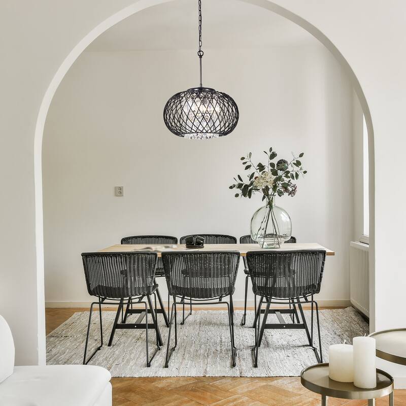 Antique Black 3-Light Round Drum Chandelier with Crystal