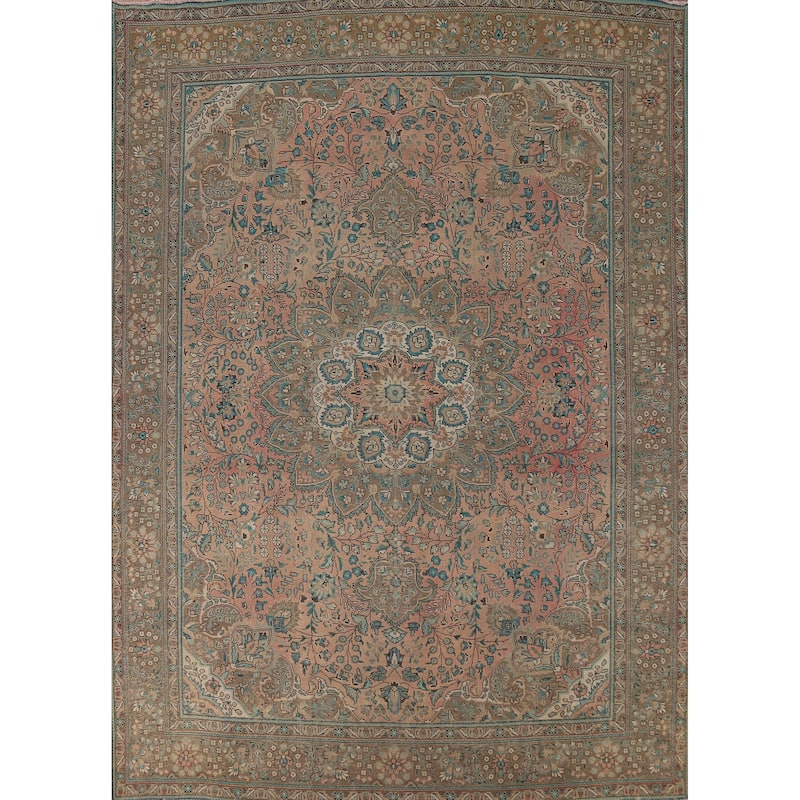 Pink Floral Tabriz Persian Area Rug Handmade Wool Carpet - 9'7" x 13'0"