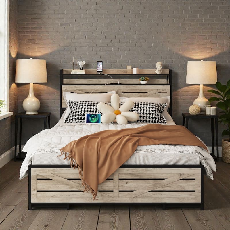 Full Size Bed Frame with Storage Headboard and 12 Drawers, LED Lights, Metal Platform Bed No Box Spring - Grey - Full