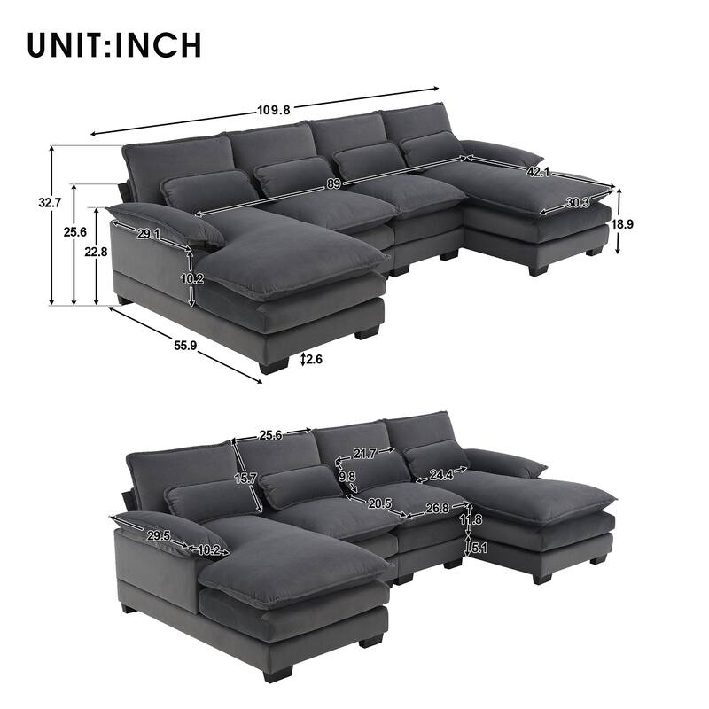 Modern U-shaped Sectional Sofa with Waist Pillows 6-seat Upholstered Symmetrical Sofa Furniture